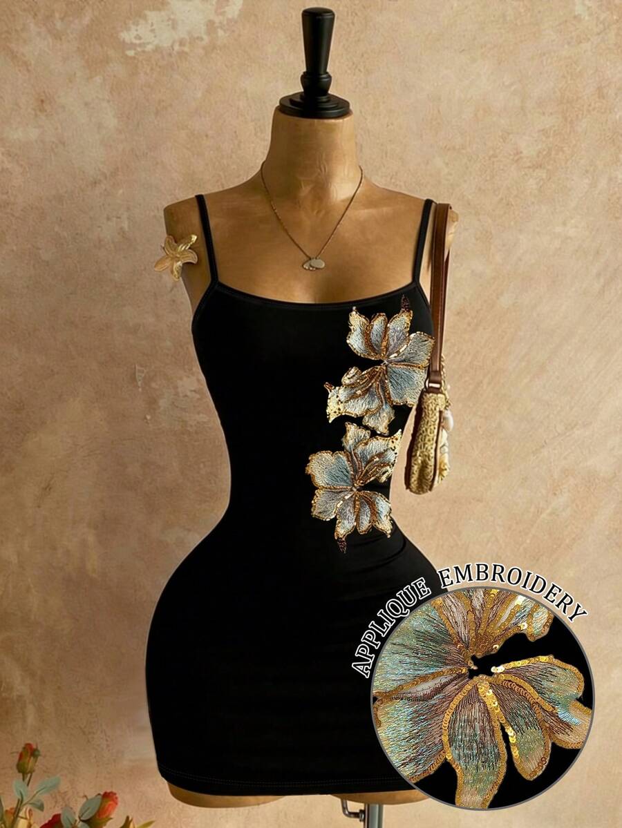 Women'S Fashion In The 70S - ヴィンテージエレガントドレス、重厚なパッチワーク刺繍スパンコール付きブラックフローラル、夏、70年代、ナイトクラブ、パーティー向けファッショナブルなストラップドレス