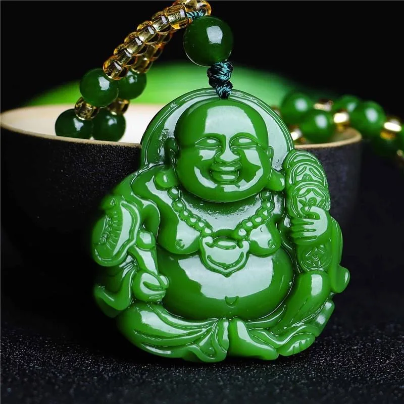 Women Fashion Necklace - 中国の緑のヒスイ弥勒仏ペンダントネックレスチャーム硬玉ジュエリー彫アミュレットファッションアクセサリー女性男性