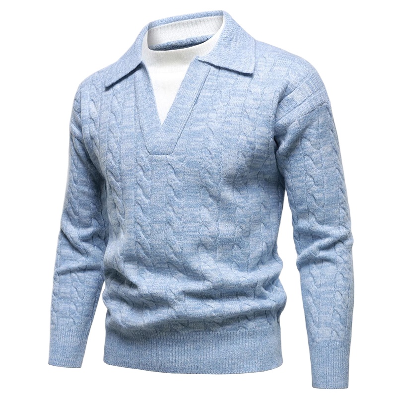 Ribbed Knit Sweater - 英国スタイルのヘンリー V ネックセーターコート男性用プルオーバージャージオムブレヴィンテージ服男性ウールブレンドニットリブプルオム