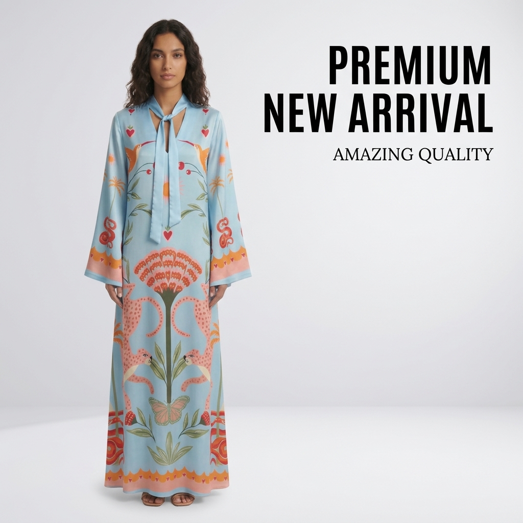 Maxi Dress Boho - レディース用、長袖、プリント柄、サテン素材、リボンで結ぶネックライン、ゆったりとしたカフタン風ロングドレス。