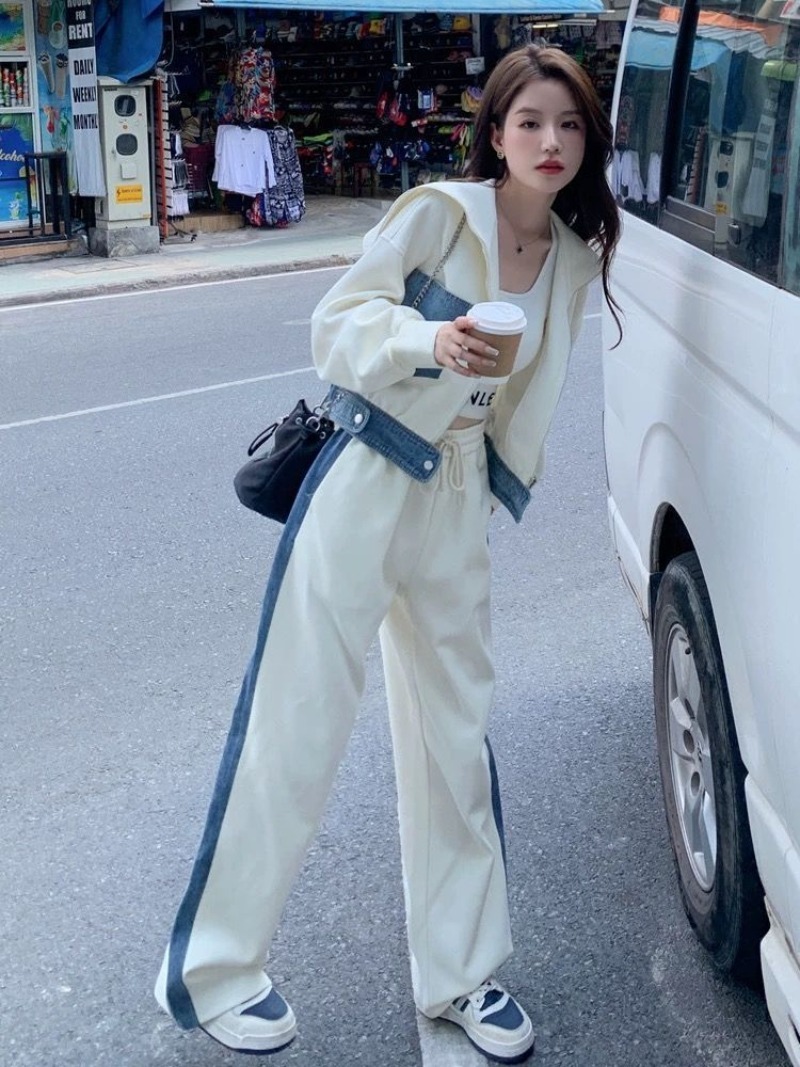Wide Leg Palazzo Pants - セーター デニム スプライシング カジュアル スポーツ スーツセット