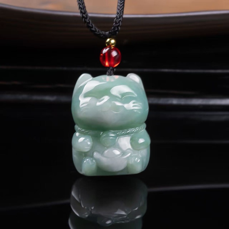 Women Fashion Necklace - 天然エメラルド翡翠の招き猫ペンダント ミャンマージェダイトネックレス ファッションジュエリーチャーム デザイナーズラッキーギフト 女性向け 証明書付き