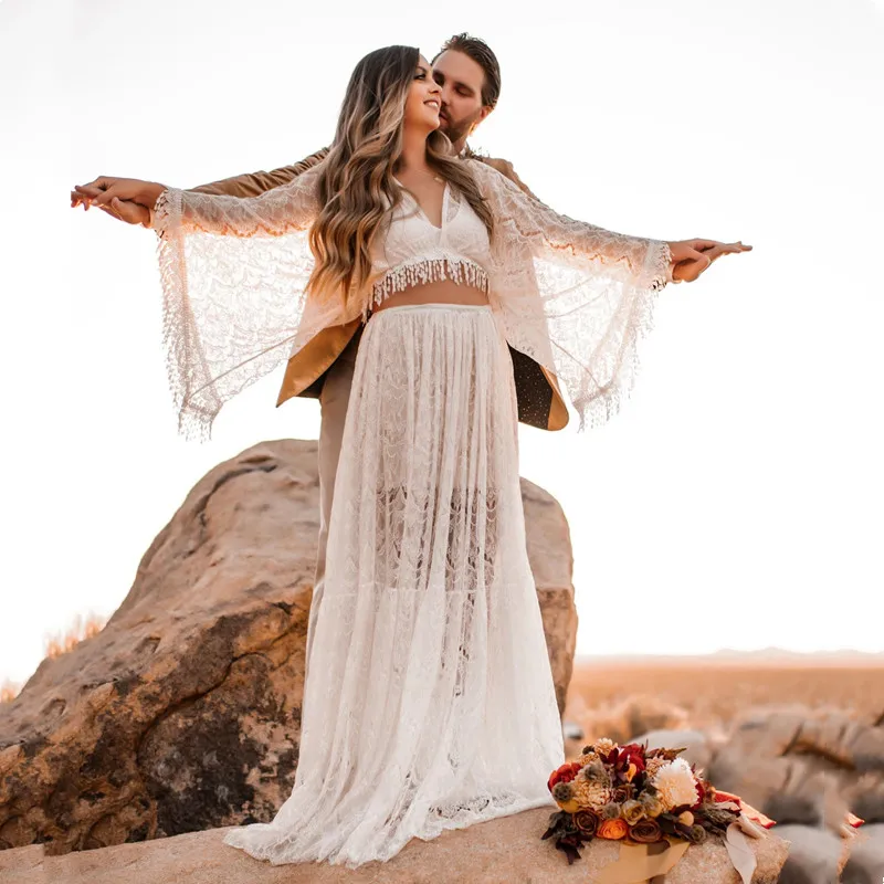 Maxi Dress Boho - 妊婦、写真アクセサリー、自由奔放に生きるマキシレースドレス、ボヘミアンビーチ、結婚式、ロシアの床の長さ、マタニティウェア
