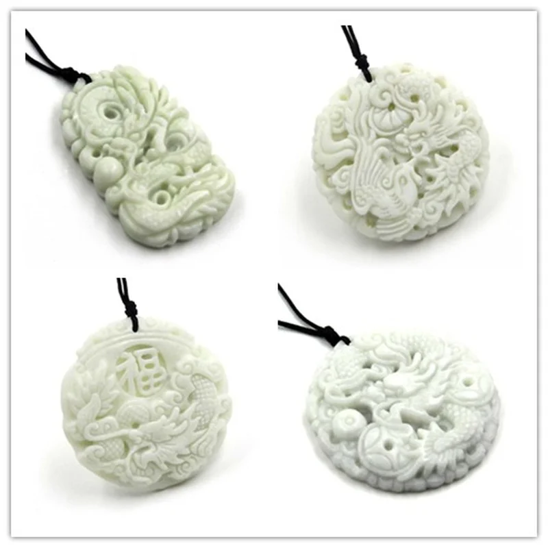 Women Fashion Necklace - ナチュラルホワイトヒスイドラゴンフェニックスペンダントネックレスチャームジュエリーファッションアクセサリー手彫り男性女性幸運のお守りギフト