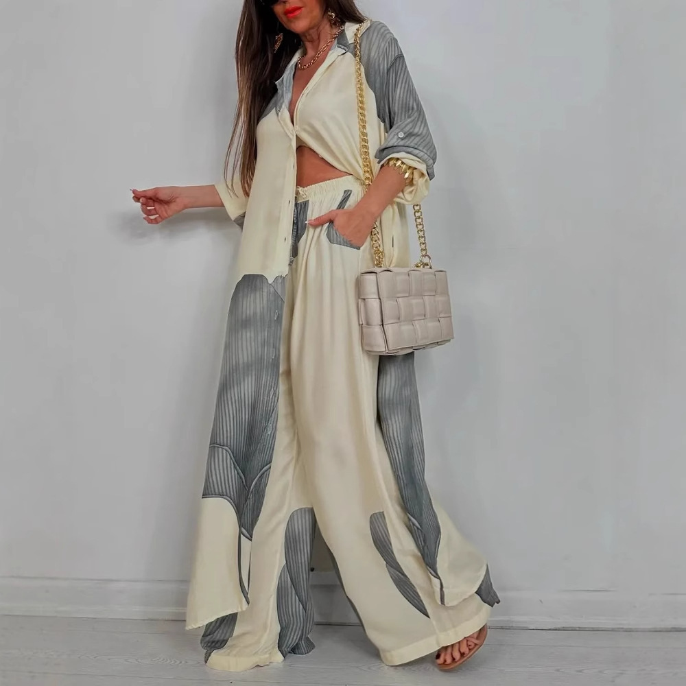 Wide Leg Palazzo Pants - エレガントなレディースセット プリントロングシャツトップ ワイドレッグパンツ ツーピースセット カジュアル ルーズ