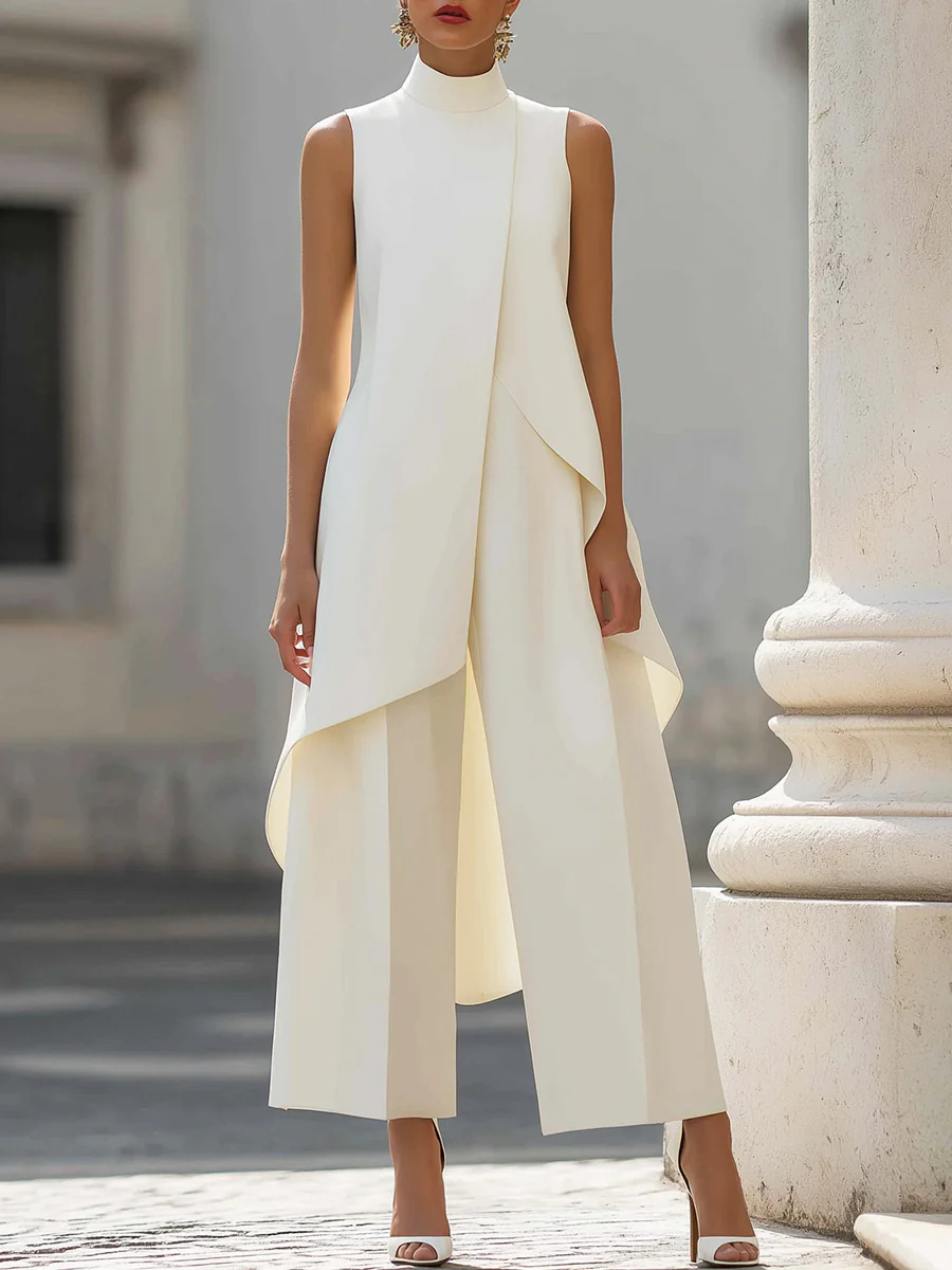 Wide Leg Palazzo Pants - 女性用スタンドネックノースリーブレイヤードロングベストとワイドレッグパンツのセットアップ、エレガントなビジネスフォーマルオフィス通勤用ツーピース衣装