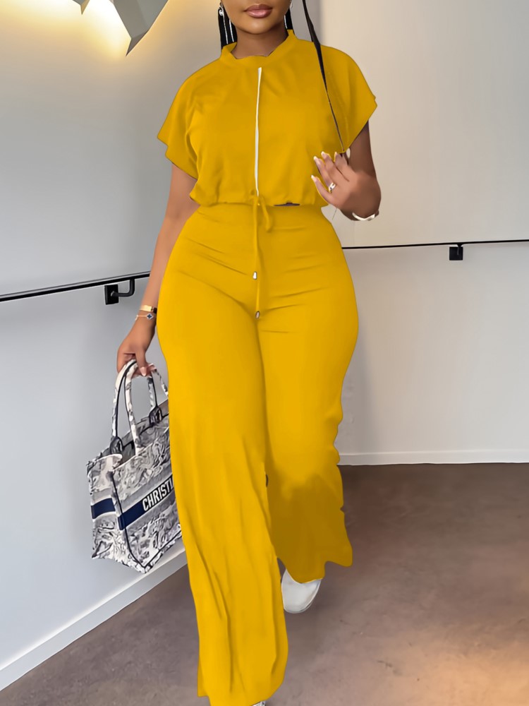 Wide Leg Palazzo Pants - 女性カジュアルラウンドネック巾着半袖トップ & ハイウエストパンツセット夏固体ツーピーススーツセット衣装セット女性