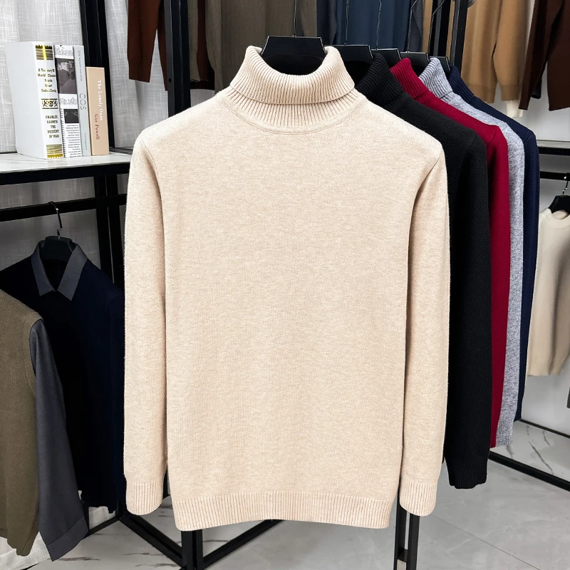 Ribbed Knit Sweater - メンズタートルネックニットセーター 長袖 リブ編み襟と袖口 ソフトで暖かいニットプルオーバー 秋のデイリーベーシックトップス