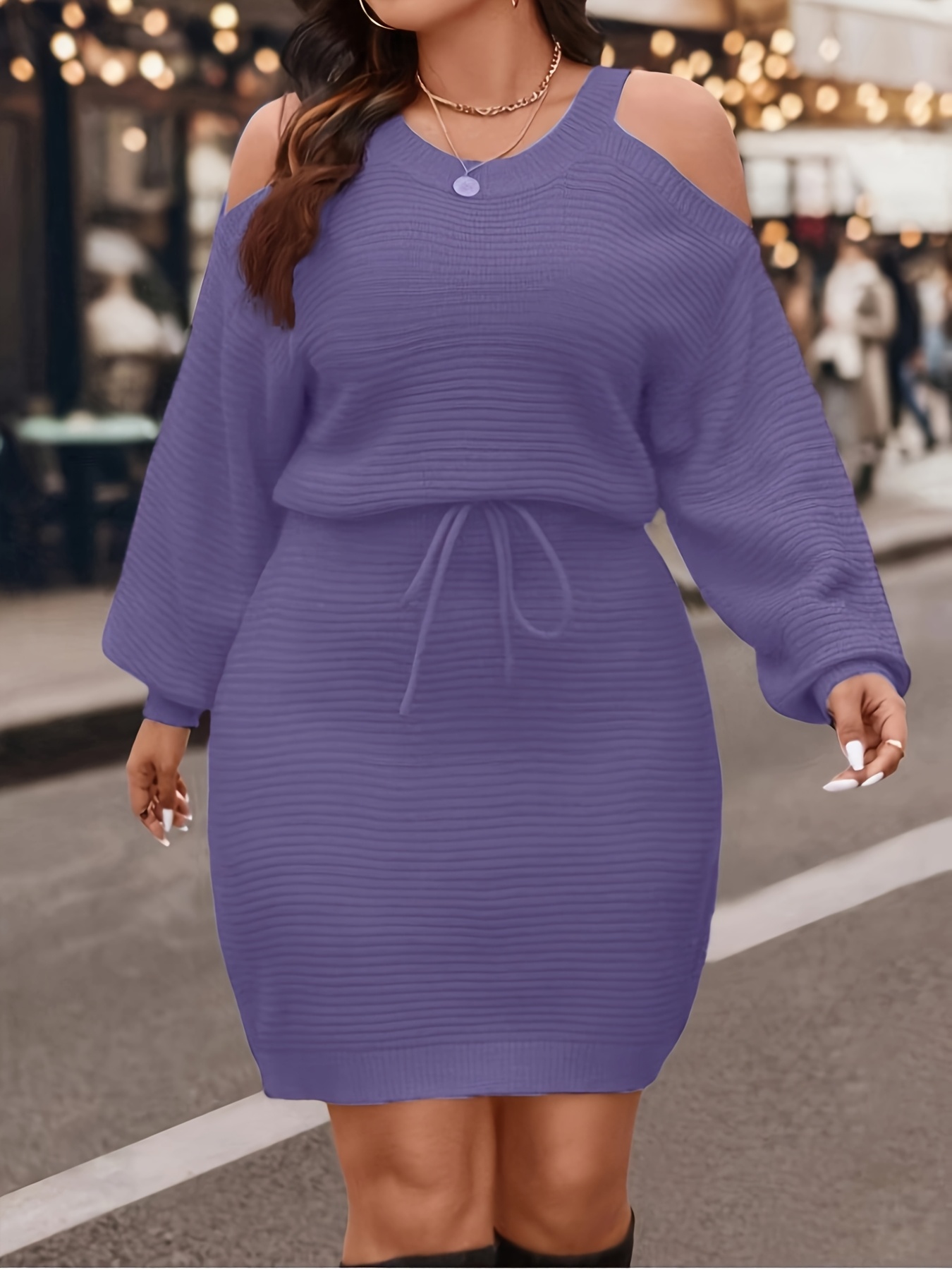 Ribbed Knit Sweater - プラスサイズの女性用コールドショルダーニットトップ＆ミニスカートセット – 秋冬用リブ編みセーター＆ウエストタイスカート
