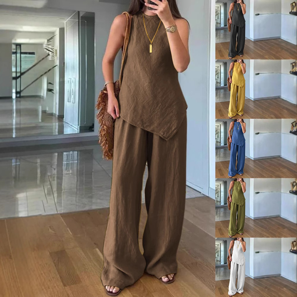 Wide Leg Palazzo Pants - 夏の女性用カジュアルトップスとパンツの2点セット、コットン素材のレディースセット、女性用パンツスーツ、女性用夏のツーピース、女性用パンツ