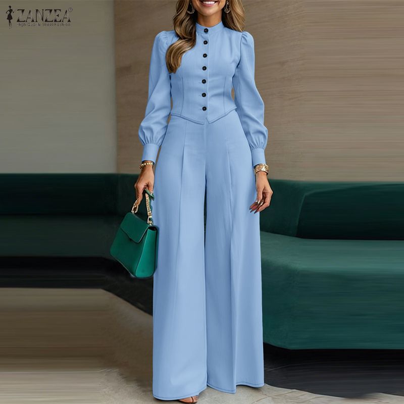 Wide Leg Palazzo Pants - 女性のエレガントでシックなパンツセット スタンドカラー長袖シャツ＆ワイドレッグパンツ 2ピースセット ZANZEA ミニマリストパンツスーツ衣装