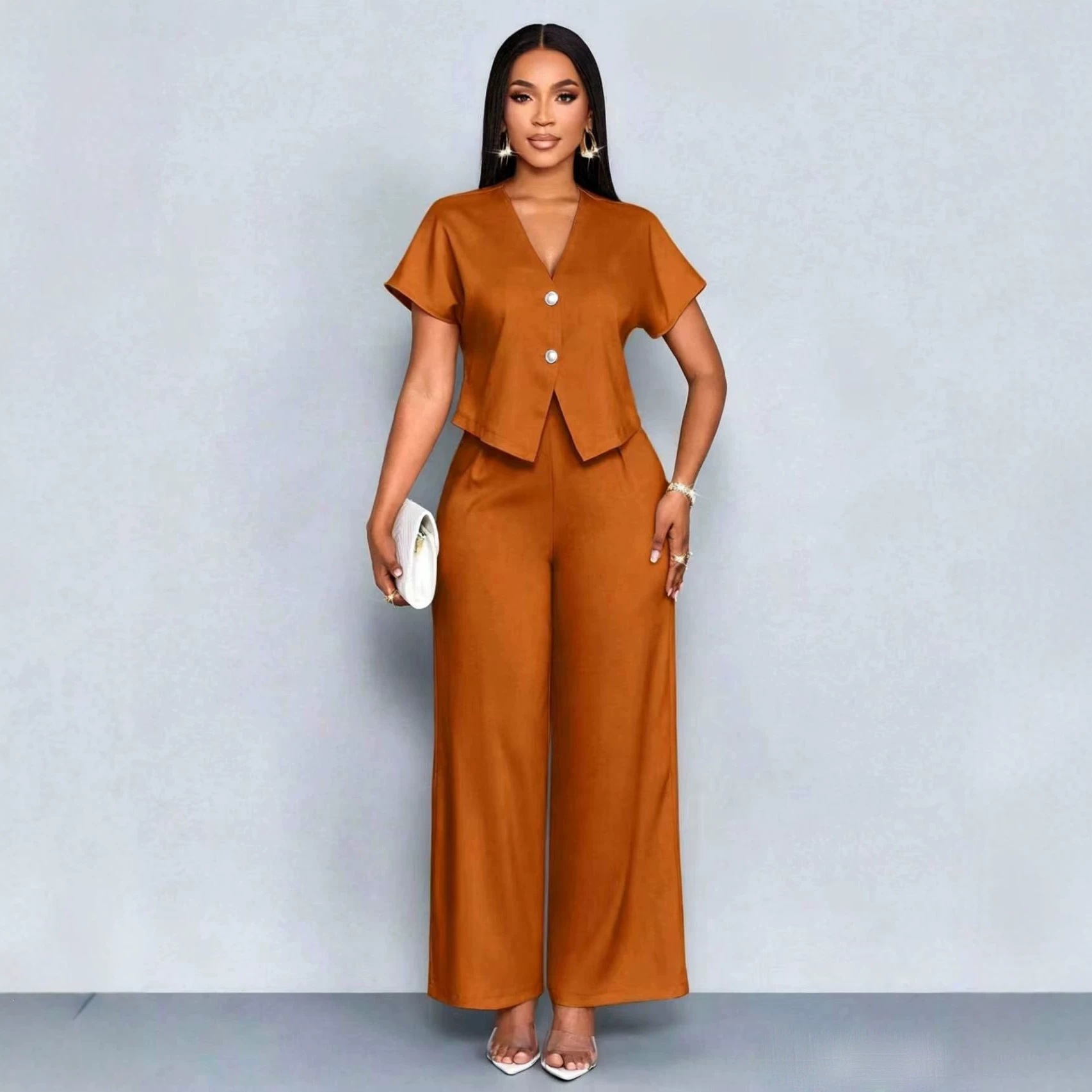 Wide Leg Palazzo Pants - 夏のエレガントなツーピーススーツ レディース Vネック半袖ブラウストップ ハイウエストワイドレッグパンツセット カジュアルビジネスオフィスコーデ