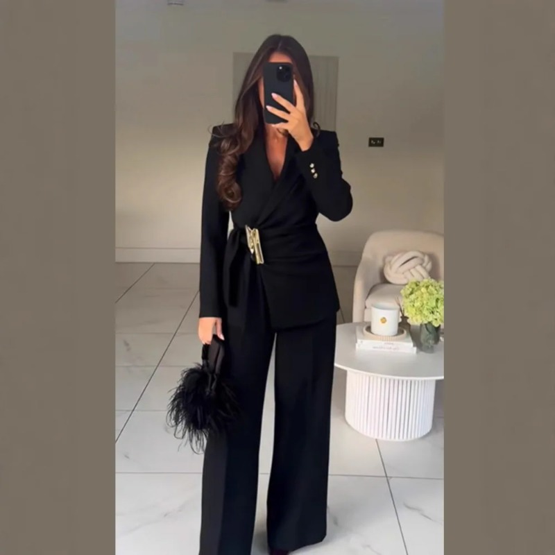 Wide Leg Palazzo Pants - 女性のスーツパンツ 2 点セット バックル装飾長袖ブレザーコート ストレートレッグパンツ 2