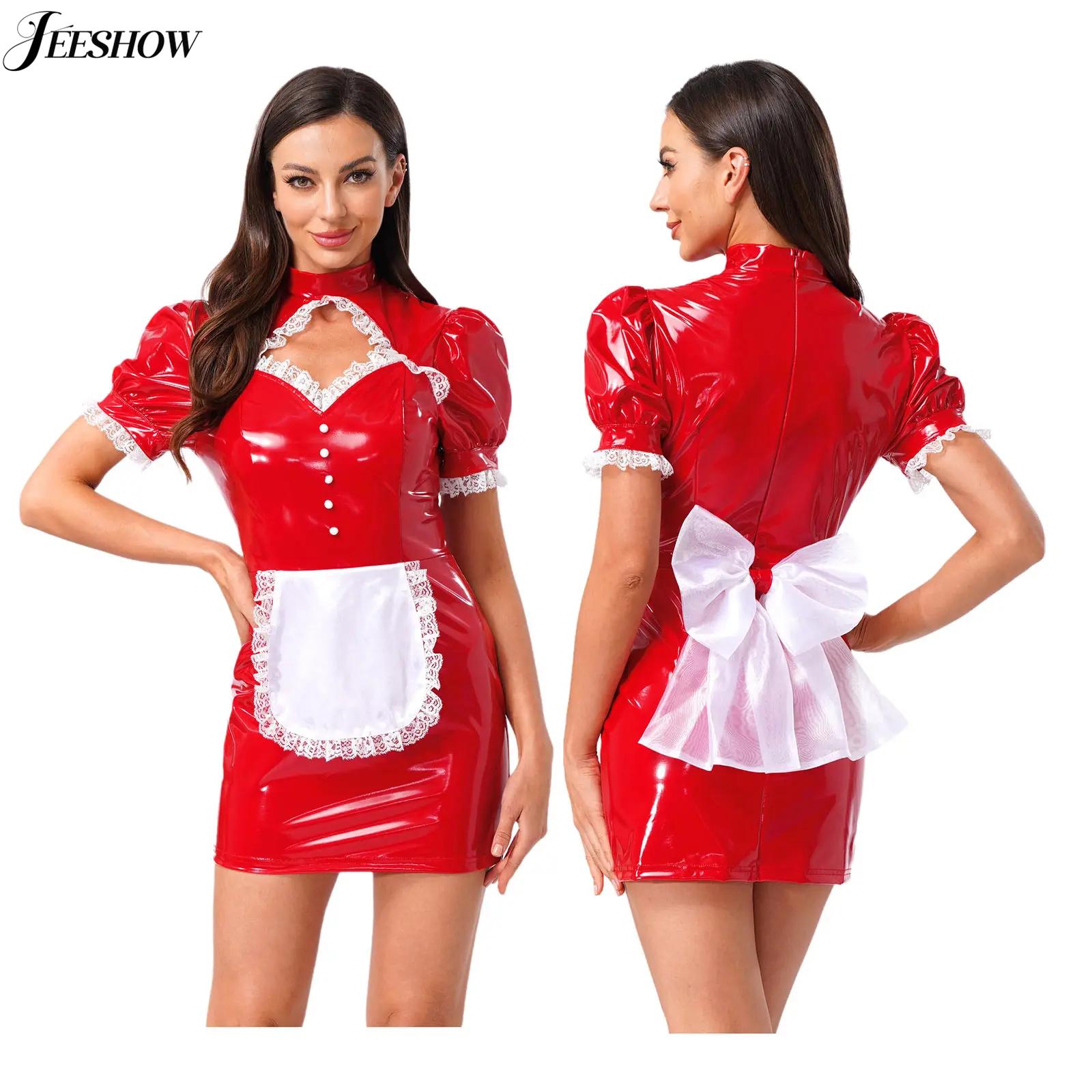 Bodycon Dress Women - レディースフレンチメイドコスチュームパテントレザーレーストリムカットアウトボディコンミニドレスサーバント制服ハロウィンコスプレファンシードレス