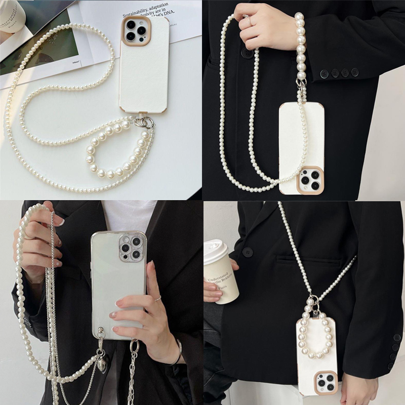 Women'S Fashion Layering - かわいいクロスボディ Y2K パール電話ストラップ - 取り外し可能な二層チェーン携帯電話ストラップ ハートチャーム付き