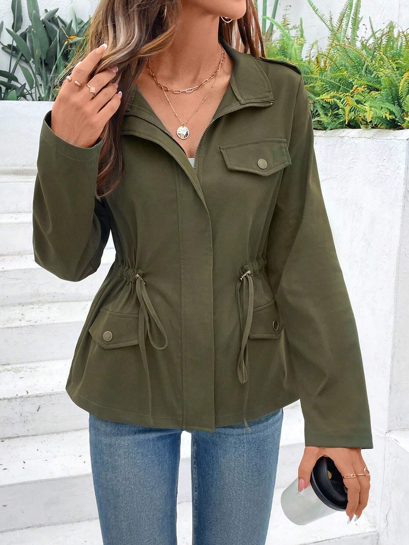 Women'S Fashion Utility Jacket - 女性用ドローストリングウエストユーティリティジャケット スタンドラペルカラー 長袖 マルチポケット ジップアップ カジュアルアウターウェア