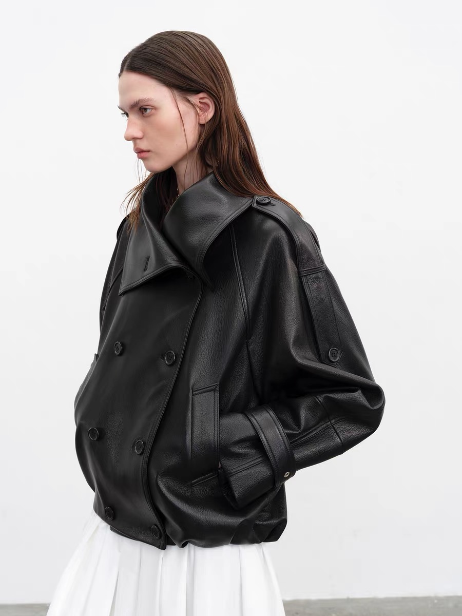 Women'S Fashion Leather Jacket - ファッションリアルレザージャケット女性のためのモダンな本物の羊皮スタンドアップカラーショートシルエットコート冬トップスラペル