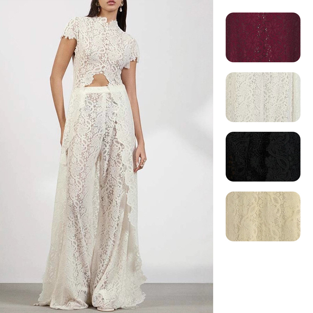 Wide Leg Palazzo Pants - レディースレース2ピースパンツセット、モックネックキャップスリーブカットアウトウエストクロップトップ+ラッフルトリムシースルーワイドレッグフロア丈パラッツォパンツ