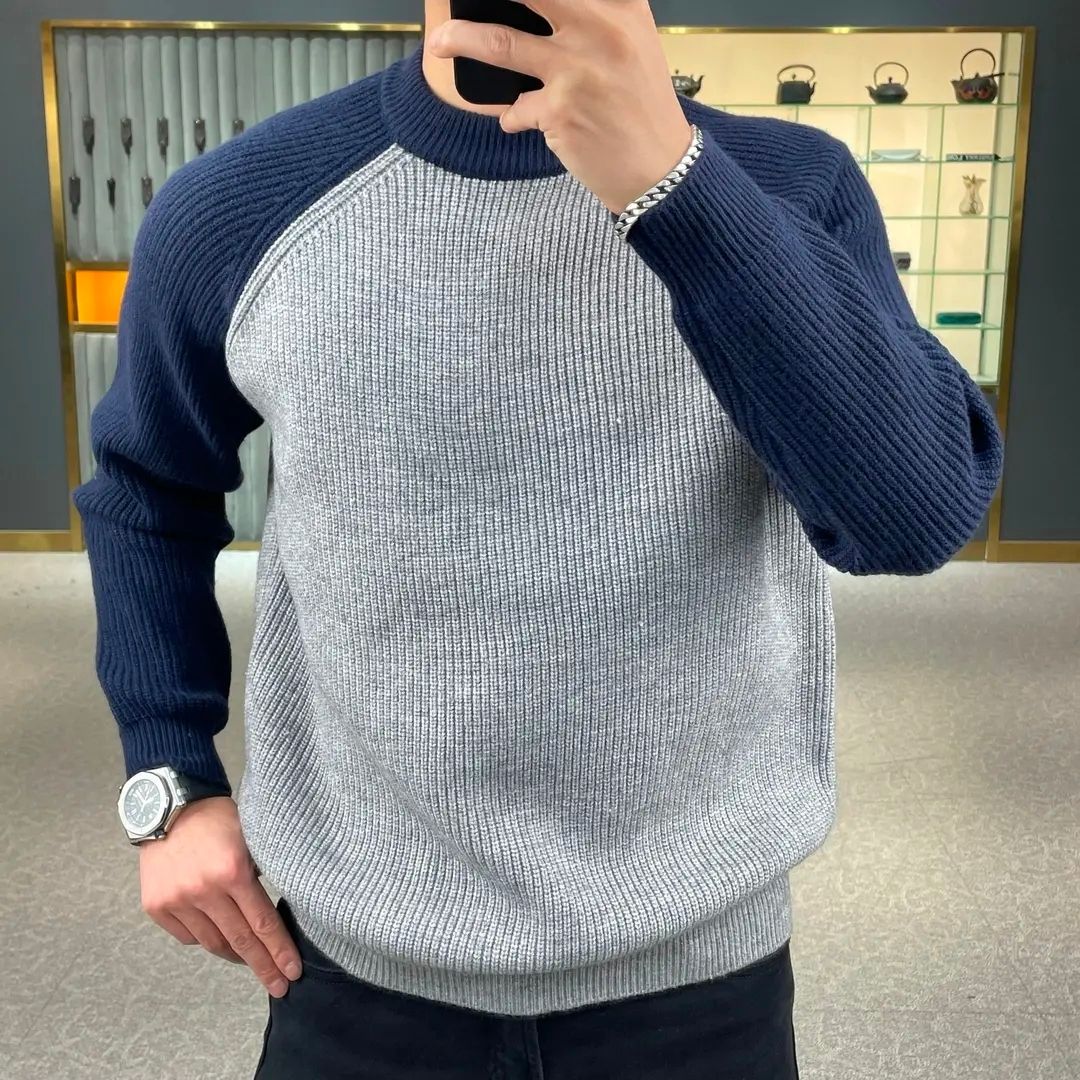 Ribbed Knit Sweater - 秋冬のファッショナブルな暖色ブロックプルオーバーセーター、ゆったりとしたカジュアルなヨーロッパとアメリカのメンズベースセーター