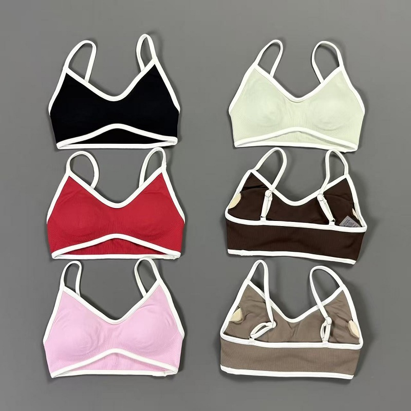 Bra Top Seamless - 女性用コントラストラインヨガブラ Vネック ホワイトエッジ 薄型ストラップ ワイヤーフリー パッド入りスポーツブラ