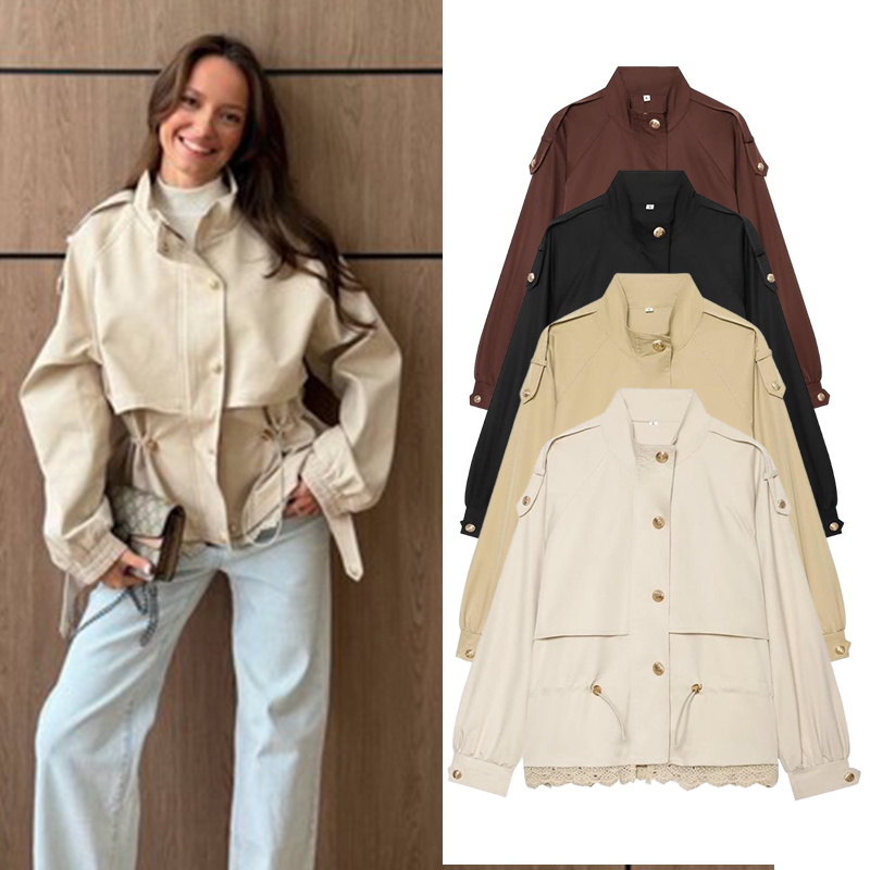 Women'S Fashion Utility Jacket - レディースレーストリムユーティリティジャケット、スタンドカラーのクロップドコート、ウエストを絞るためのドローストリング付き、カジュアルワークウェアブレザー