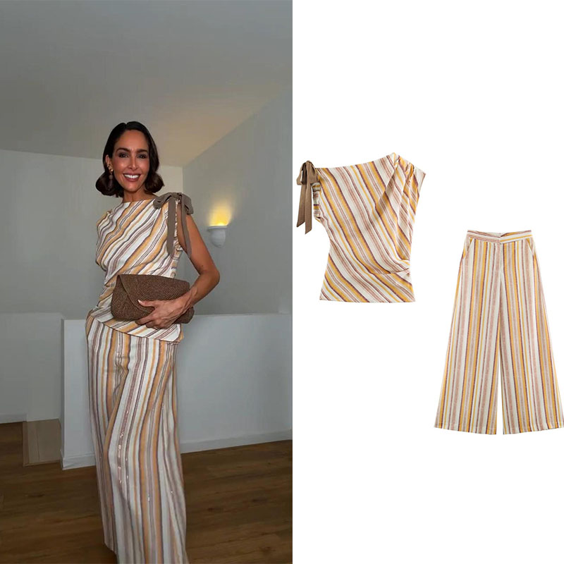 Wide Leg Palazzo Pants - グオビオジイ 2026 レディースセット新作：アシンメトリータイストライプトップス、ミッドウエストストライプワイドレッグパンツ、スタイリッシュ