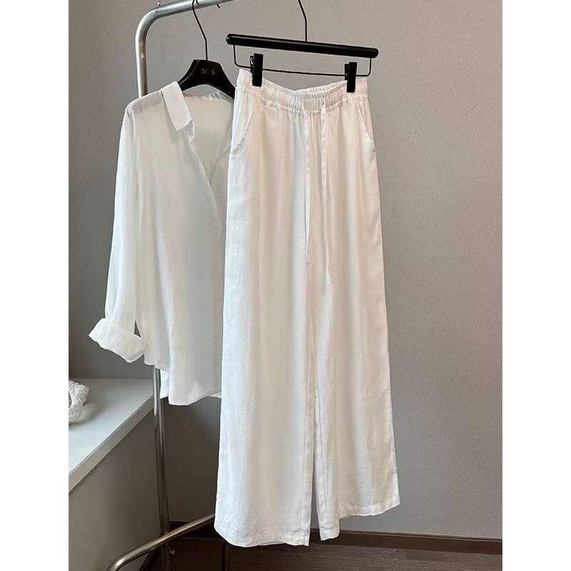 Wide Leg Palazzo Pants - 韓国白綿リネンワイドレッグパンツシャツセット女性のルーズファッション弾性ウエストカジュアルパンツ長袖トップス女性