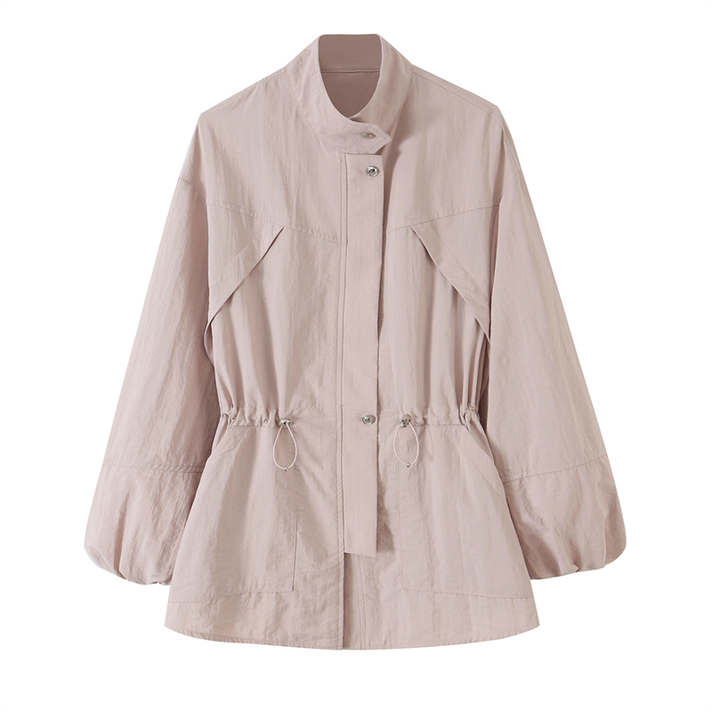 Women'S Fashion Utility Jacket - レディースライトピンクユーティリティコート、スタンドカラー、ドローストリングウエスト、ランタンスリーブジャケット、オフィス、デート、カジュアル、ストリート、週末ウェアに最適