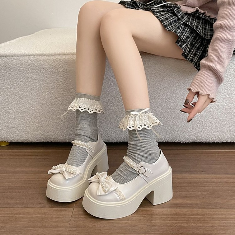 Women'S Fashion Kilt - レトロパールボウノット厚底シューズ 甘い新作春スカート用PUレザー女性用