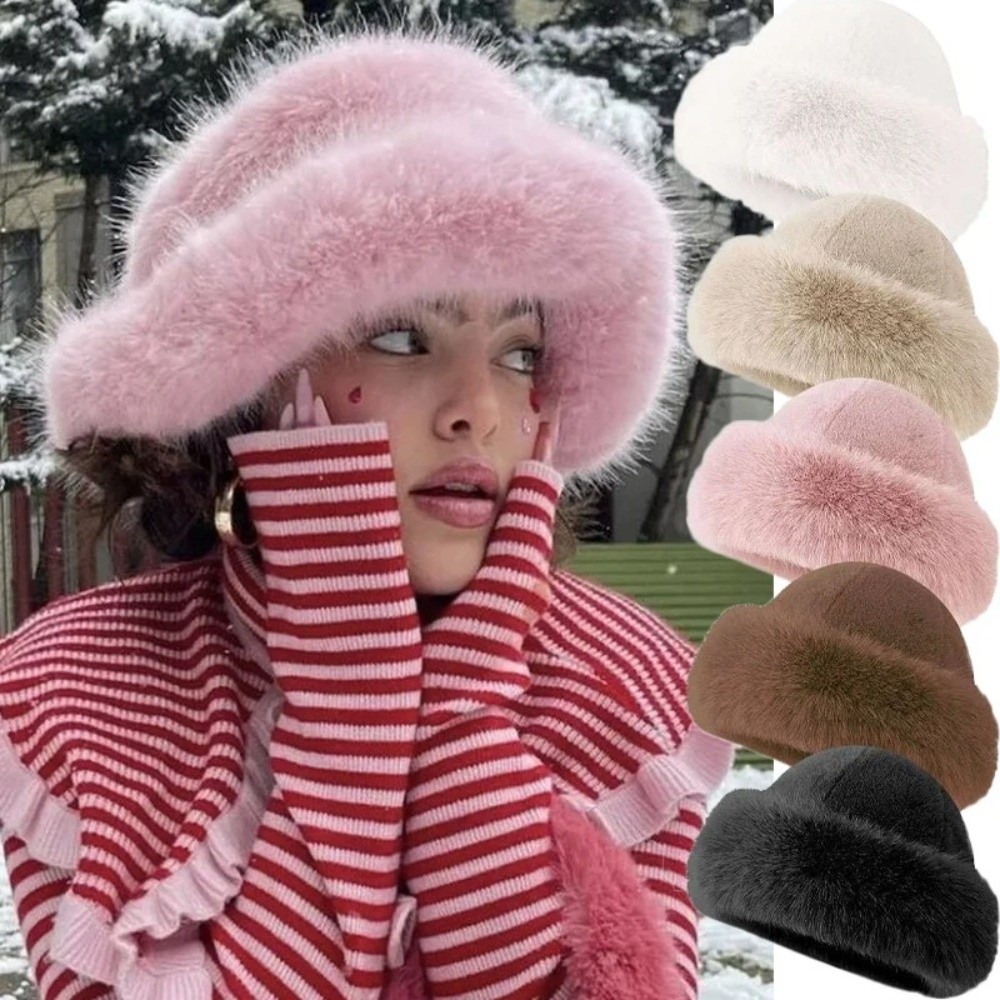 Bucket Hat Women - ファッションヘッドウェア ふわふわファー 冬用帽子 無地 厚手 バケットハット