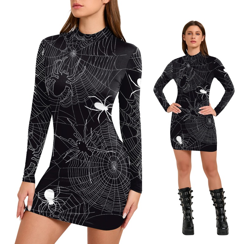 Bodycon Dress Women - 女性用 ハロウィン スパイダーウェブ プリント ドレス 長袖