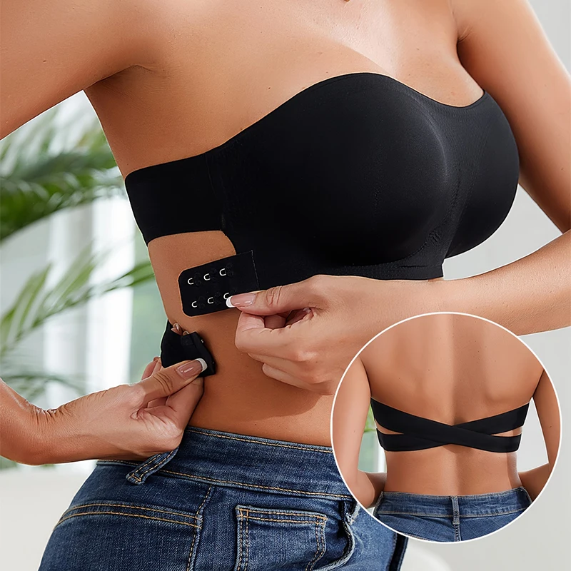 Bra Top Seamless - 女性用、セクシーなストラップレス・プッシュアップブラ。パッドは取り外し可能。シームレスで、肌触りの良いアイスシルク素材。背中が美しく見える、滑り止め付きのオフショルダーブラ。