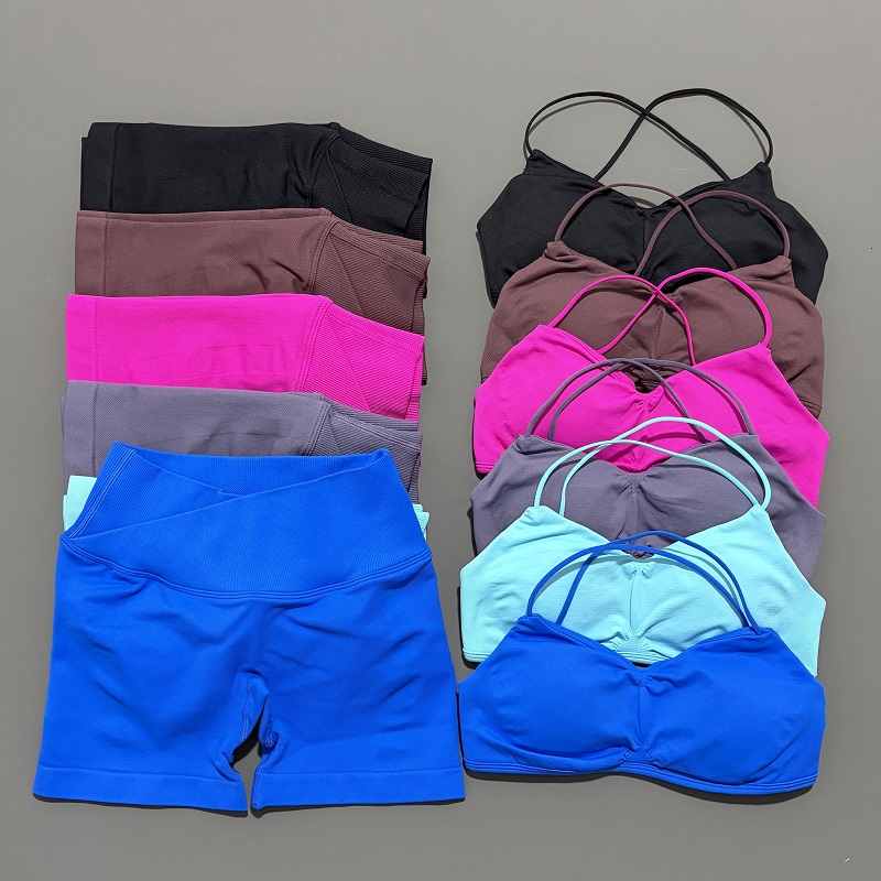 Bra Top Seamless - 2ピース ビジョンジムセット レディース ヨガ クロップトップ ハイウエスト
