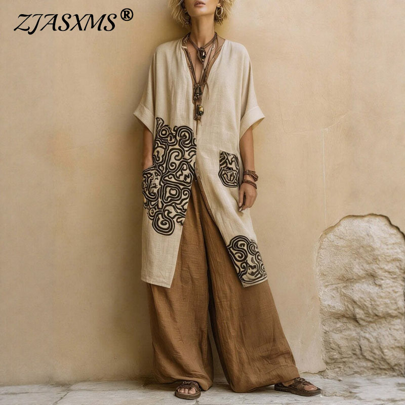 Women'S Fashion Kimono - ボヘミアン風オープンフロント着物幾何学模様プリントポケットトップワイドレッグパンツ3点セット春夏ローブセット女性用ルーズバケーション衣装