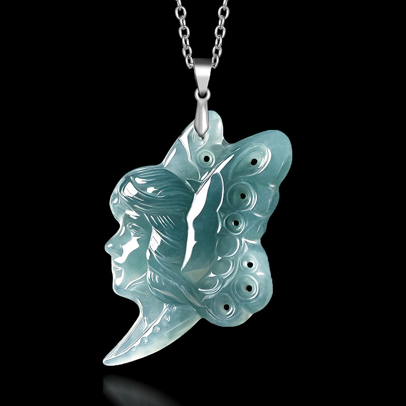 Women Fashion Necklace - S925シルバー天然ブルーウォータージェイド蝶の妖精ペンダントネックレス本物の彫刻チャームジェダイトジュエリーファッションお守りギフト女性用