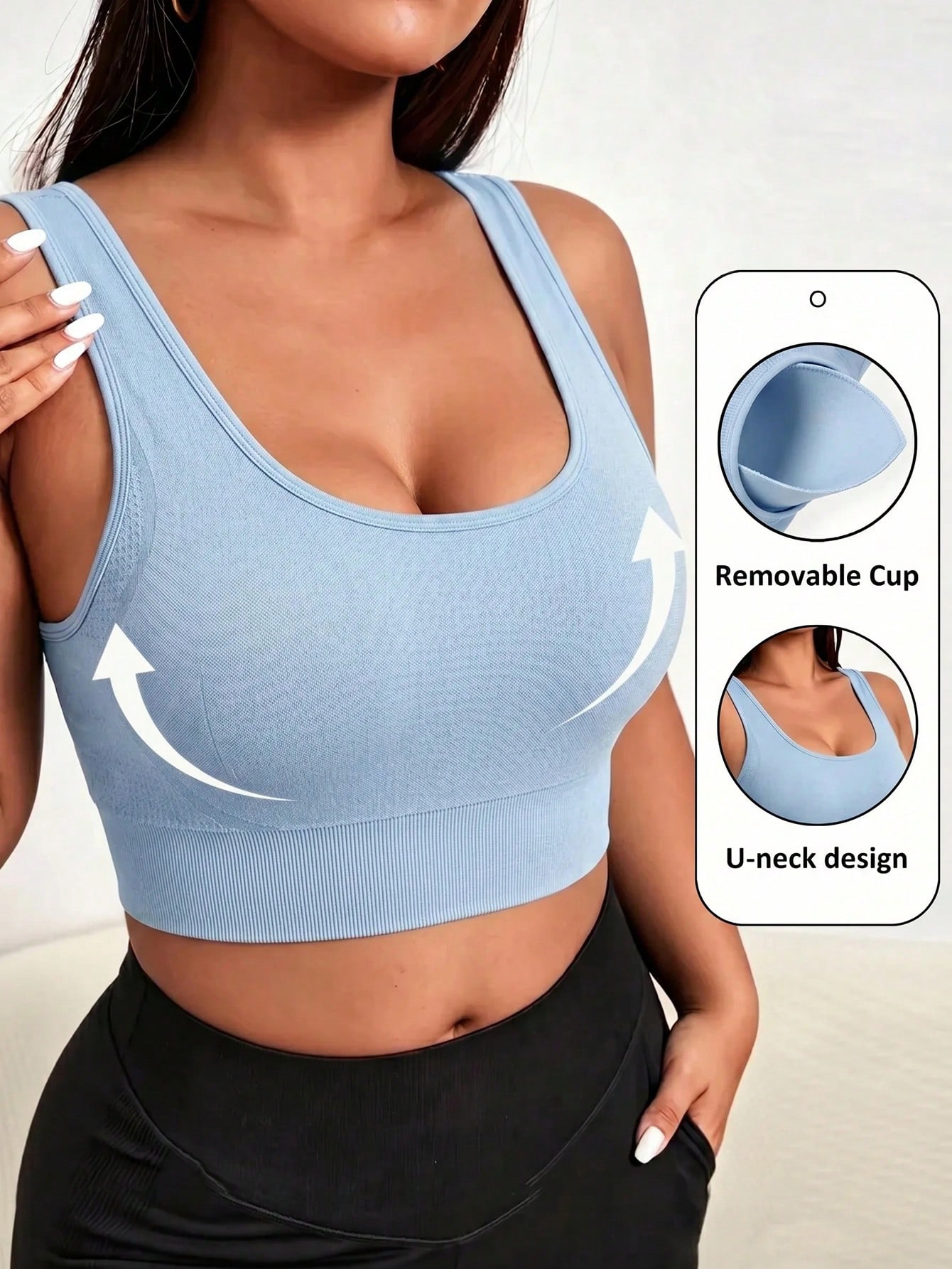 Bra Top Seamless - 女性用プラスサイズシームレススポーツブラ、取り外し可能なパッド付きレーサーバックUネックプッシュアップヨガブラ、ハイサポートワークアウトジムブラ