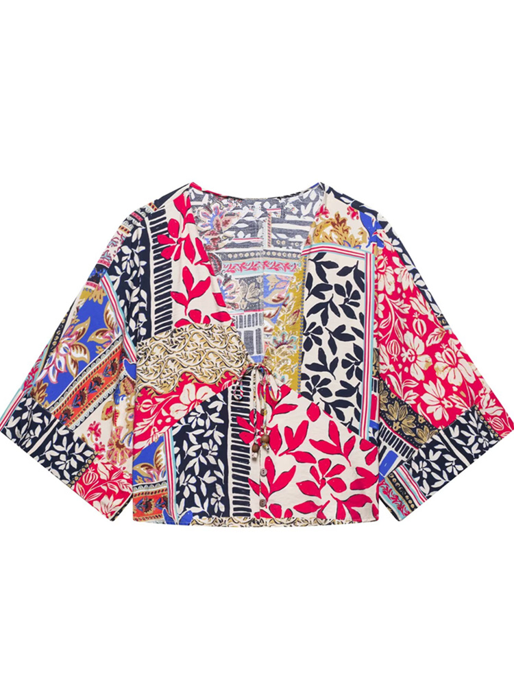 Women'S Fashion Kimono - Zevity 女性ファッション V 布パッチワークプリントショート着物ブラウス女性バットウィングスリーブシャツシックなシュミーズ Blusas トップス