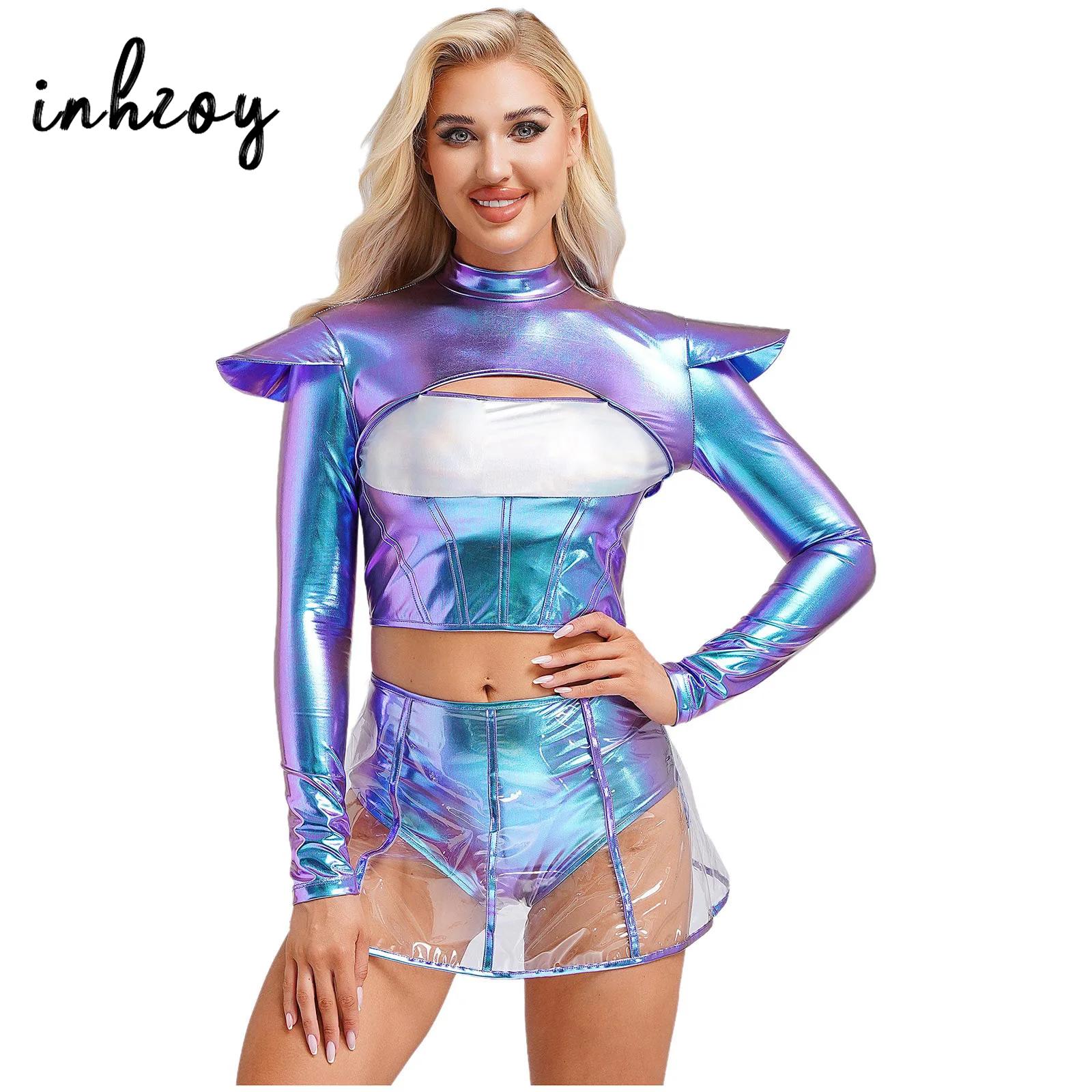 Bodycon Dress Women - 女性宇宙宇宙飛行士エイリアンロボットコスプレ衣装メタリックキャップ長袖カットアウトクロップトップと Pvc スカートセクシーなボディコン