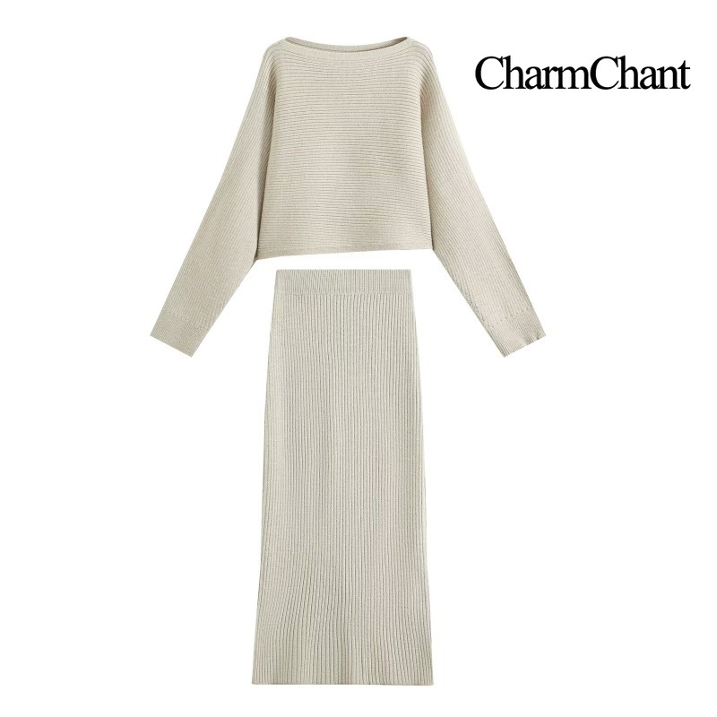 Ribbed Knit Sweater - CHARMCHANT レディース ボートネック リブニット ツーピースセット 長袖