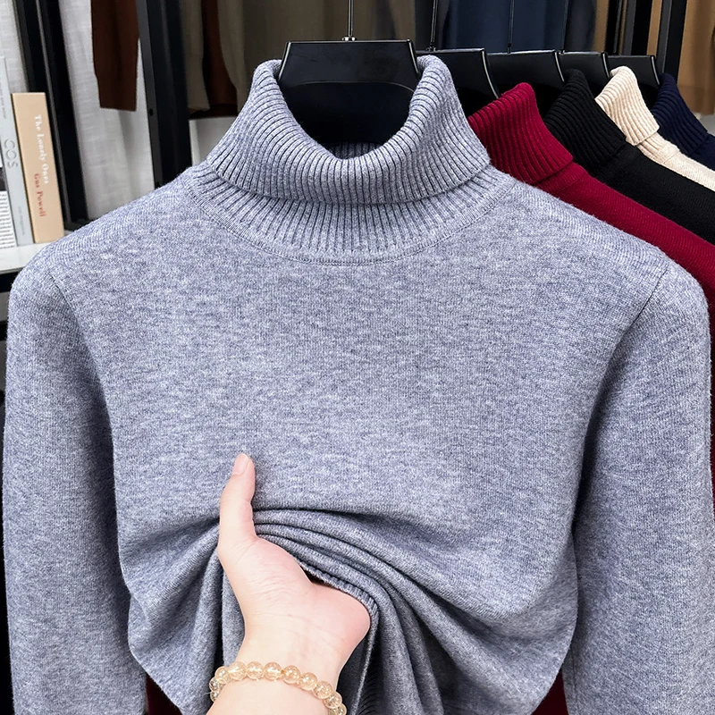 Ribbed Knit Sweater - 秋のメンズロールネックニットジャンパー、伸縮性のあるリブネックライン、長袖、シンプルで無地のカジュアル通勤プルオーバー