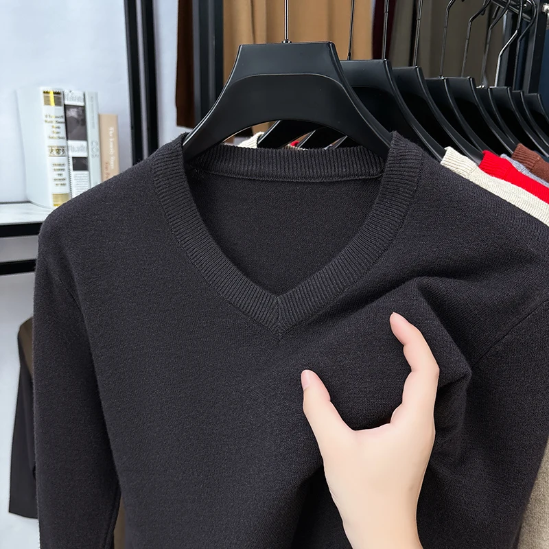 Ribbed Knit Sweater - メンズVネックファインニットセーター、長袖、リブネック、リブ袖口、裾、柔らかく伸縮性のあるニットプルオーバー、秋のビジネスレイヤリングトップ