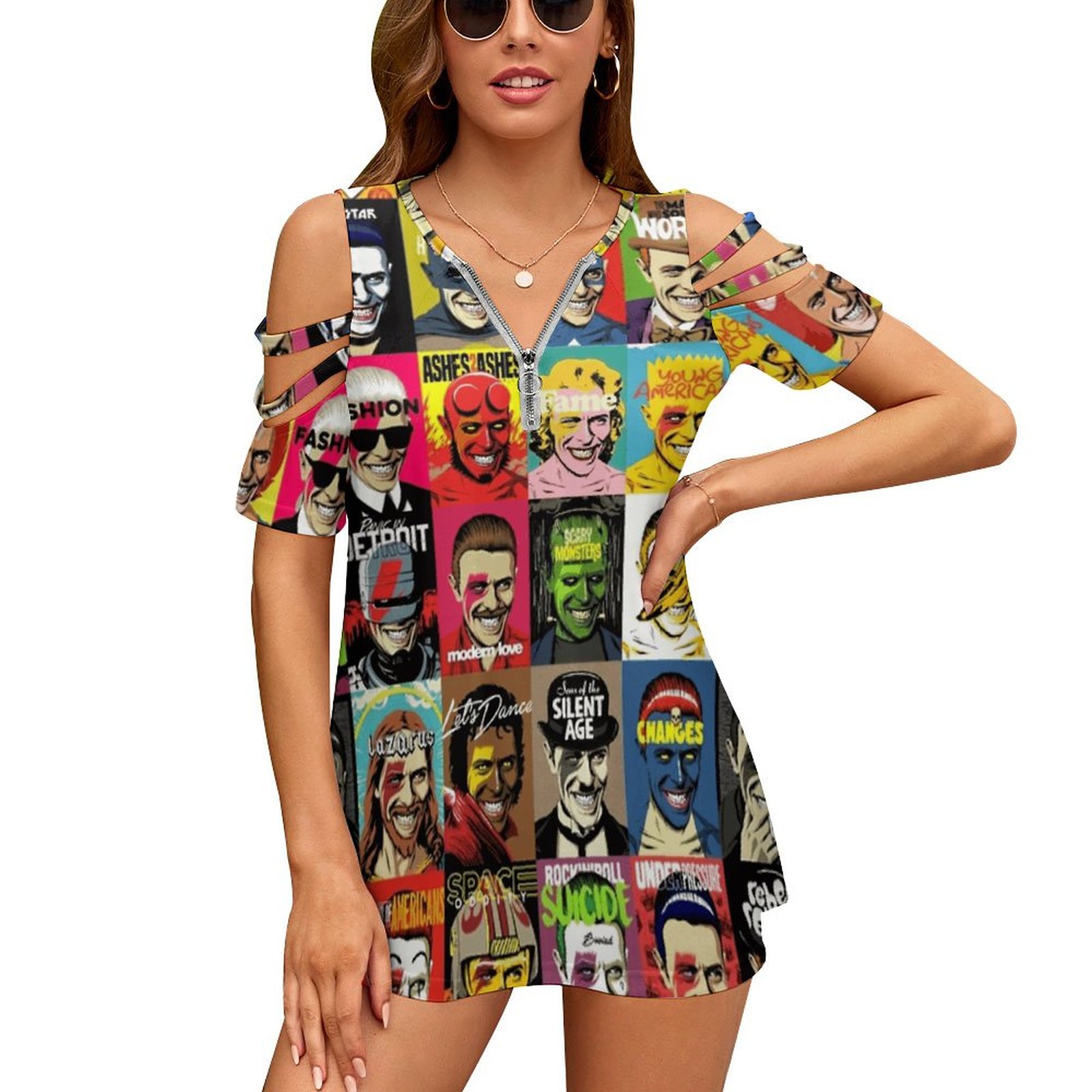 Women'S Fashion In The 70S - 女性用フローラルプリントTシャツ,VネックジッパーTシャツ,透かし彫りセーター,女性用トップス,ポップアート,すべての変化,夏のファッション,80年代,70年代