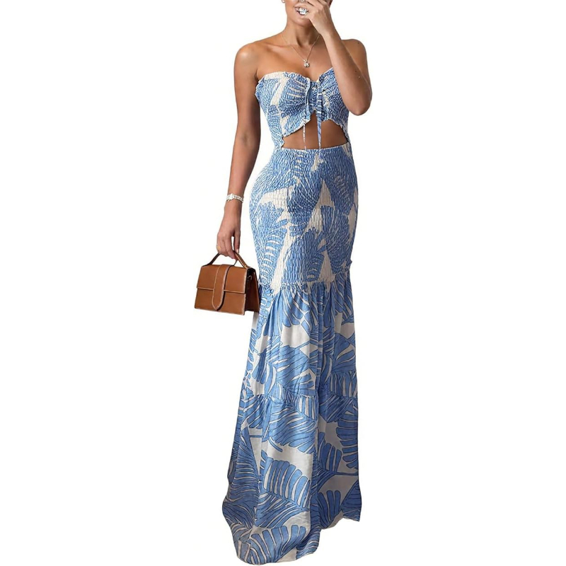 Maxi Dress Boho - CHICME 花柄バケーションドレス ホルターネック タイ付き ルーシュド マキシドレス