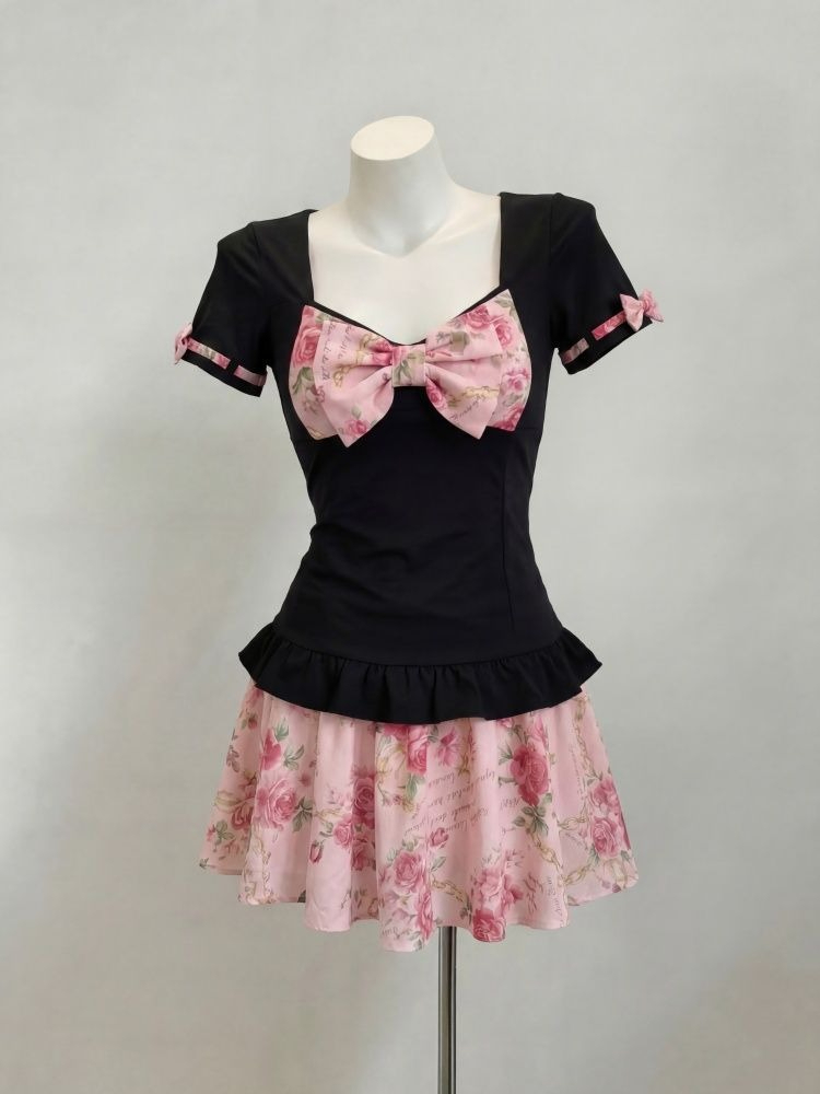 Women'S Fashion Kilt - レディース甘い花柄プリントツーピースセット フェアリーボウスリムフリルクロップトップ+ハイウエストミニスカート Y2K原宿ファッションスカートセット