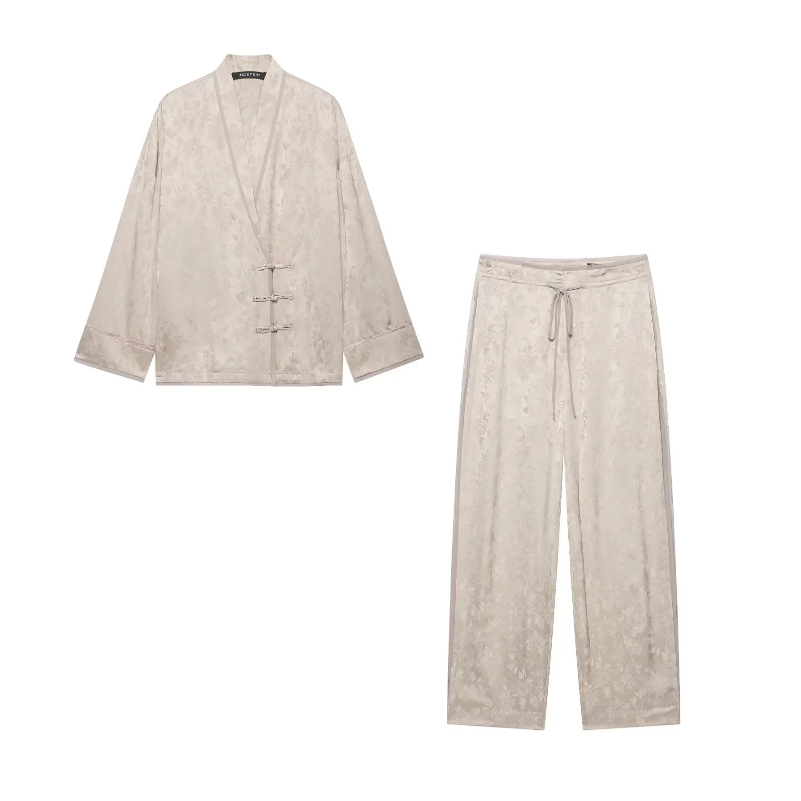 Women'S Fashion Kimono - 女性用花柄サテンツーピースセット Vネックフロッグボタン着物トップス ワイドレッグドローストリングパンツ 中国風マッチング衣装