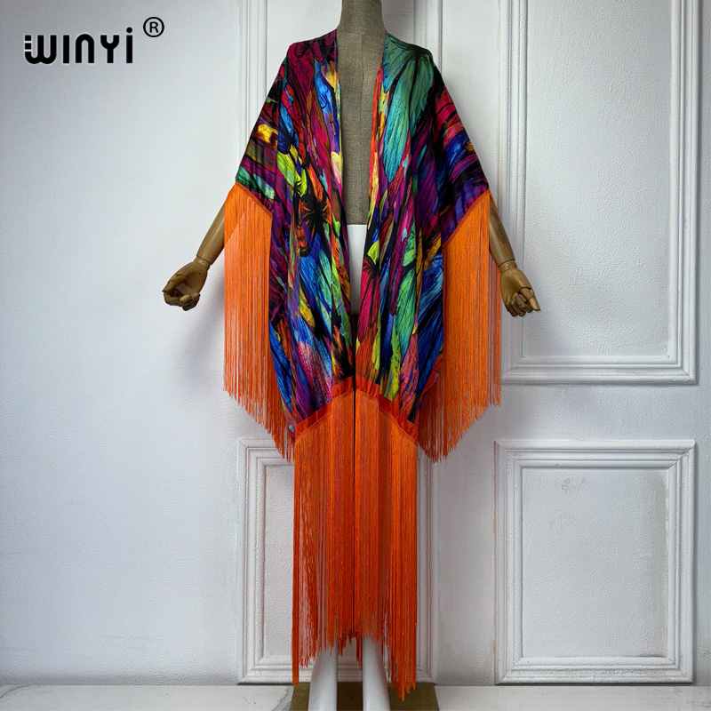 Women'S Fashion Kimono - Winyi-bohoプリント着物ビーチカバーアップ女性用、エレガントなファッションカーディガン、セクシーな休日の衣装、ロングダウンドレス、夏の衣装