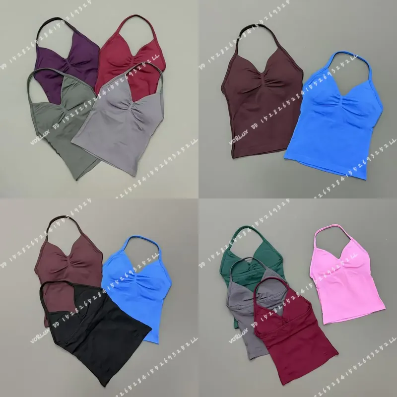 Bra Top Seamless - 女性用ジムワークアウトタンクトップ、ホルターネック、内蔵ブラ付き、Vネック、シームレス、スリムフィット、ロングラインヨガトップ、ランニングフィットネス用