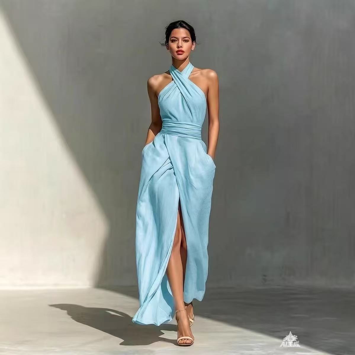 Maxi Dress Boho - 洗練されたデザインの、前スリット入りボヘミアン風ロングドレス。女性向け、春にぴったりのセクシーなオフショルダー・ホルターネックのパーティードレス。夏に最適な、袖なしでハイウエストのマキシドレス。