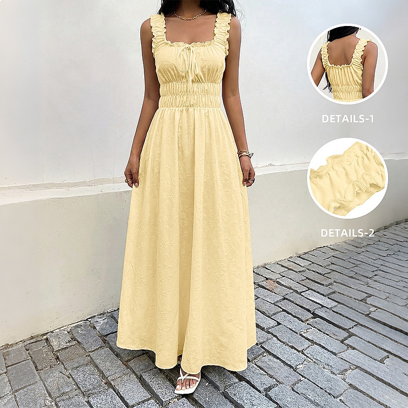 Maxi Dress Boho - 夏のノースリーブスクエアネックドレスフレンチヴィンテージロングドレスボヘミアンビーチバケーションドレス女性用サンドレスふわふわマキシドレス