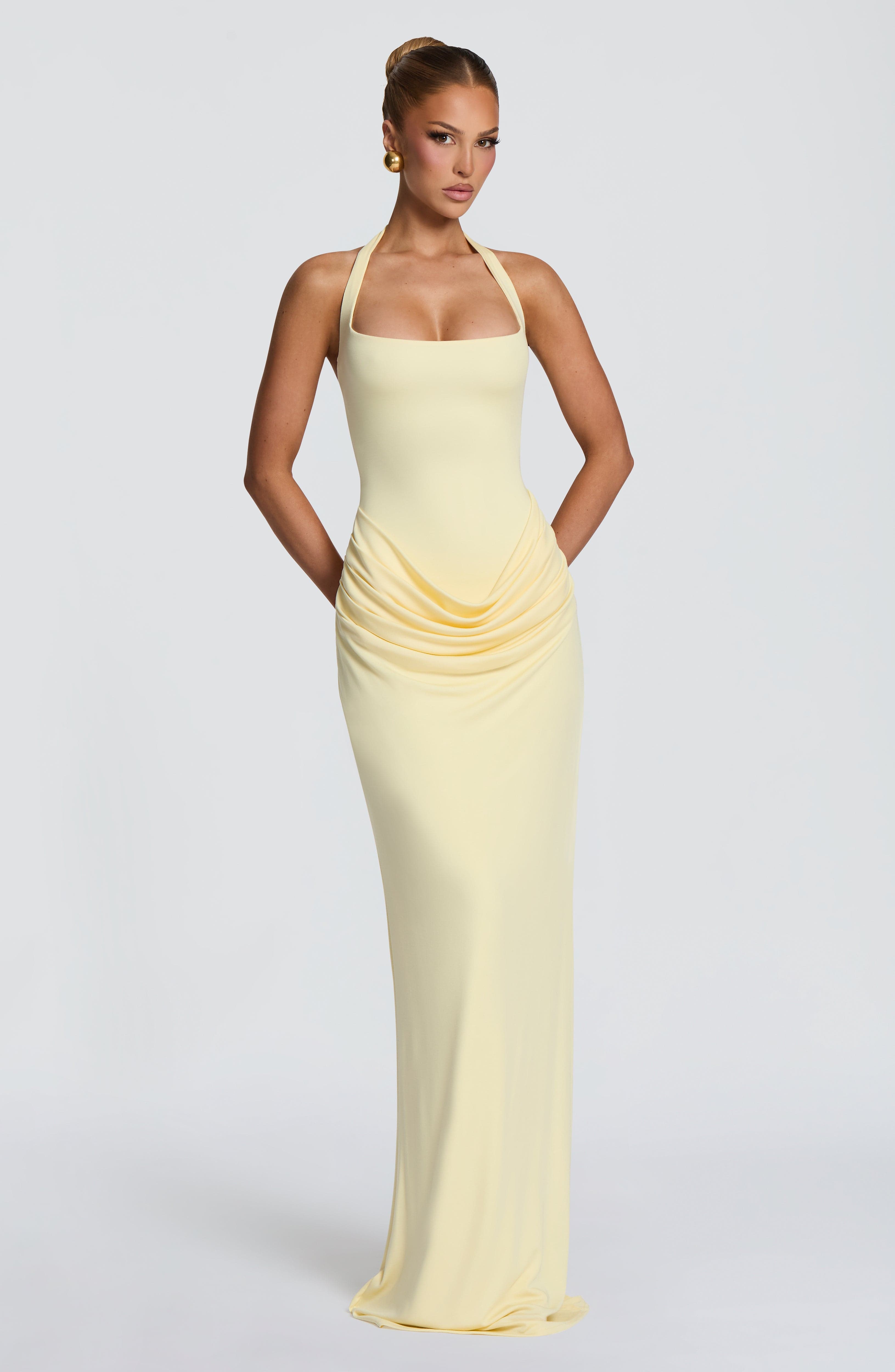 Bodycon Dress Women - ホルターネックスクエアネックマキシドレス、ウエストドレープ、ルーシュ加工、ボディコン、マーメイドロングガウン、エレガントなウェディングゲスト、イブニングパーティー、レディースドレス